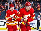Adam Ru�i�ka (vpravo) a dal�í hrá�i Calgary Flames se radovali z gólu.