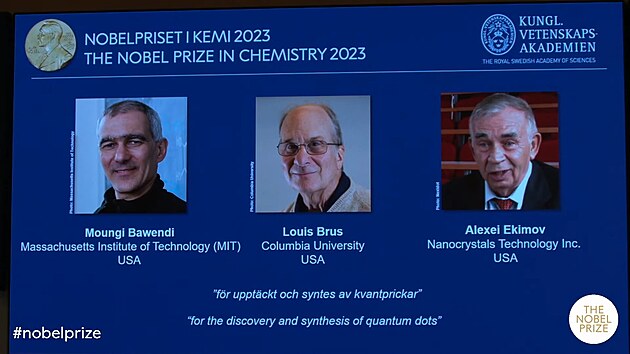 Nobelovu cenu za Chemii pro rok 2023 z�skali Moungi G.Bawendi, Louis E. Brus a Alexej I. Ekimov za objev a v�voj kvantov�ch te�ek, nano��stic, kter� jsou tak mal�, �e jejich velikost ur�uje jejich vlastnosti.