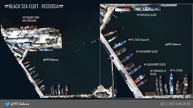 Rusko pesouv sv vlen lod ze Sevastopolu do Novorossijsku. Na snmku pstav Feodosija (2. jna 2023)