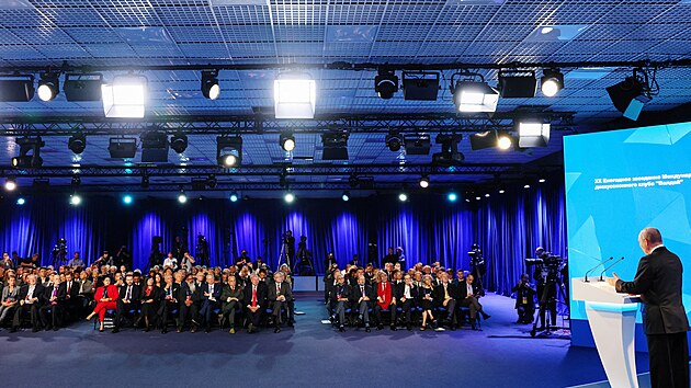 Rusk prezident Vladimir Putin pron projev na zasedn Valdajskho diskusnho klubu v Soi. (5. jna 2023)