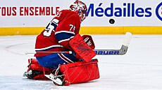 Branká Montrealu Canadiens Jakub Dobe zasahuje v pípravném utkání s Torontem...