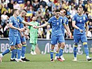 Ukrajintí fotbalisté slaví gól proti Severní Makedonii v Praze na Letné....