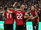 Albántí fotbalisté si zápas s eskem uívali. Vpravo dvougólový stelec...