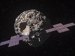 Ilustrace sondy Psyche u stejnojmenného asteroidu.