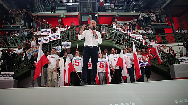 Donald Tusk na mtinku Obansk koalice v Lodi (10. jna 2023)