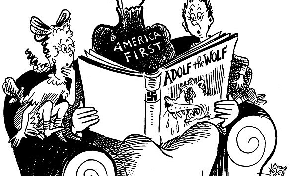 �A pak vlk Adolf d�ti se�v�kal a vyplivl jen jejich kosti. Ale byly to d�ti z ciz�ch zem�, tak�e to v�bec nevad�.� Organizaci America First zesm��oval karikaturista Dr. Seuss.