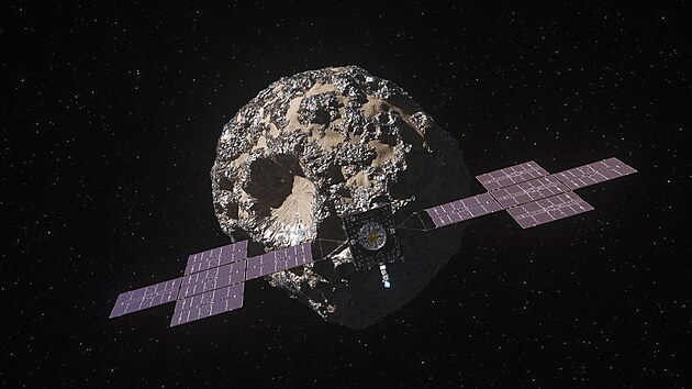 Ilustrace sondy Psyche u stejnojmenn�ho asteroidu.