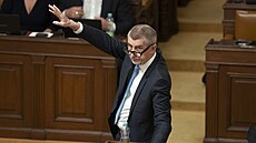 Andrej Babiš (ANO) při projednávání návrhu nedůvěry vládě. (18. října 2023)