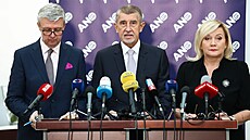 Karel Havlíček, Andrej Babiš a Alena Schillerová na tiskové konferenci hnutí...
