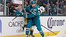 eský útoník Tomá Hertl v souboji u mantinelu.