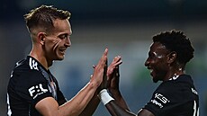 Fotbalisté �eských Bud�jovic slaví gól.
