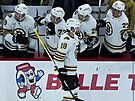 Pavel Zacha (18) slaví gól se spoluhrái z Boston Bruins.