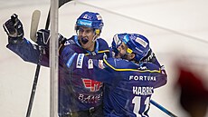 Hokejisté eských Budjovic slaví gól proti Pardubicím.