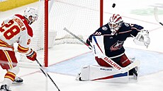 Branká� Columbusu Spencer Martin zastavuje st�elecký pokus  Eliase Lindholma z...