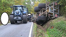 Po stetu dvou traktor se pívs vozící kejdu pevrátil do píkopu.