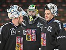 Trio eských branká na tréninku hokejové reprezentace. Zleva Adam Brízgala,...
