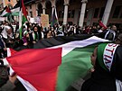 Demonstranti mávají palestinskou vlajkou bhem shromádní na podporu...
