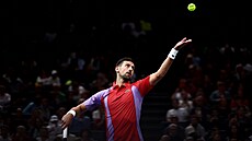 Srbský tenistka Novak Djokovi podává na turnaji ATP v Paíi.