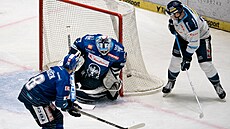 Kladenský branká� Adam Brízgala inkasuje gól v utkání proti Liberci.