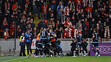 Plzetí fotbalisté se radují z gólu proti Slavii.