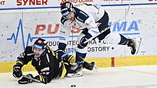 Liberecký úto�ník Jaroslav Vlach posílá k ledu litvínovského beka Marka Baránka.