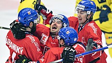 Radost eských hokejist v utkání proti védsku.