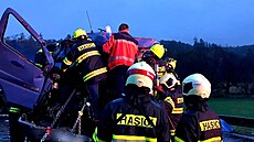 Jednoho z �idi�� museli hasi�i vyprostit ze zdemolované kabiny.