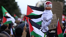 Lidé se úastní demonstrace poadující pímí v Gaze, ukonení nálet a...