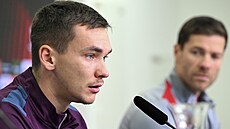 Branká Matj Ková z Leverkusenu na tiskové konferenci ped zápasem Evropské...