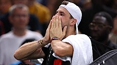 Bulharský tenista Grigor Dimitrov po výh�e nad Daniilem Medved�vem na turnaji...