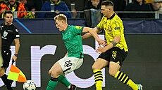 Lewis Hall (vlevo) z Newcastlu si kryje mí� p�ed napadajícím stoperem Dortmundu...