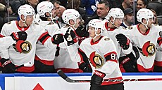 Dominik Kubalík (81) slaví svj gól se spoluhrái z Ottawa Senators.