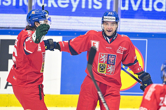 David Tomáek a Radan Lenc (vpravo) slaví gól proti védsku.