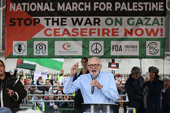 Bývalý lídr britských labourist Jeremy Corbyn na propalestinském pochodu v...