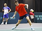 Jakub Meník trénuje ped tvrtfinálovým zápasem Davis Cupu ve panlské Málaze.