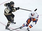 David Pastrák (88) z Boston Bruins stílí na bránu New York Islanders kolem...