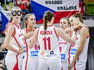 eské basketbalistky se radí, zleva Emma echová, Elika Hamzová, Aneka...