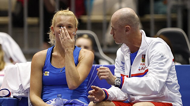 Tenistka Kateina Siniakov a tmov kapitn Petr Pla diskutuj bhem utkn s...