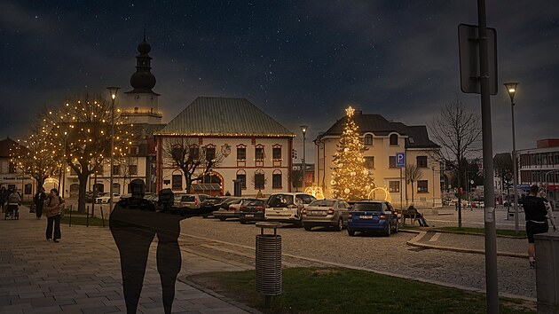 Vizualizace, jak by měla vypadat nová vánoční výzdoba v centru Žďáru nad Sázavou. Na obrázku je celkový pohled na náměstí.