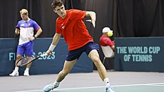 Jakub Meník trénuje ped tvrtfinálovým zápasem Davis Cupu ve panlské Málaze.