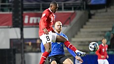 Rakouský fotbalista David Alaba odkopává mí ped Henrim Anierem z Estonska.