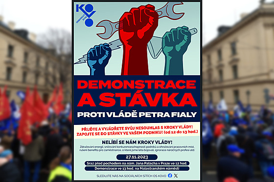 Plakát Odborového svazu KOVO vyzývající k pondlní stávce. (22. listopadu 2023)