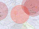 Letecká mapa R. ervený kruhy uprosted vyznauje omezený prostor LKR9 Praha.