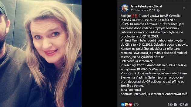 Dezinform�torka Jana Peterkov� na soci�ln� s�ti ozn�mila, �e bojuje proti deportaci �erm�ka do �eska.