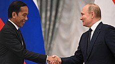 Indonéský prezident Joko Widodo a jeho ruský protjek Vladimir Putin pi...