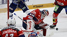 Pardubický branká� Roman Will zastavuje útok Komety v extraligovém zápase. Nad...