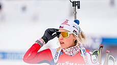 Tereza Voborníková v cíli �tafety smí�ených dvojic v Östersundu