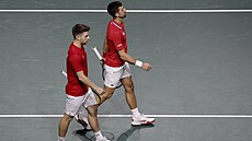 Zklamaní srbští tenisté Miomir Kecmanovič a Novak Djokovič po prohrané čtyřhře...