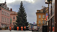 Instalace vánoního stromu v historickém centru msta Chebu.