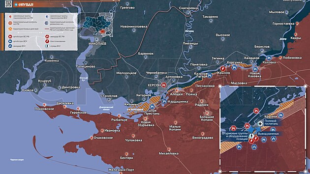 Situace na chersonské frontě na mapě ruského válečného bloggera Rybara. Ve výřezu je ukrajinské předmostí u obce Krynky. (28. listopadu 2023)